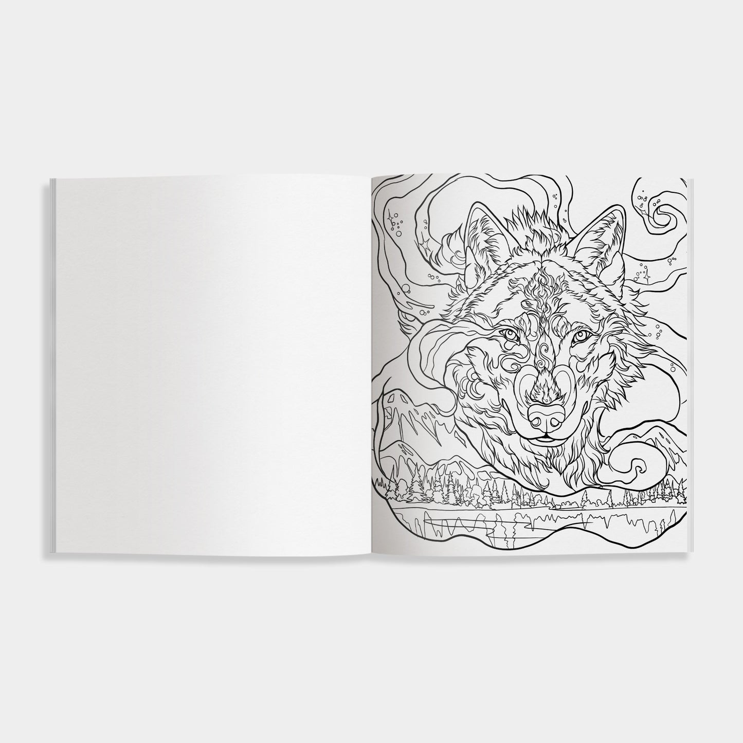 Open book of Howl with a detailed black and white illustration of a wolf on a white background