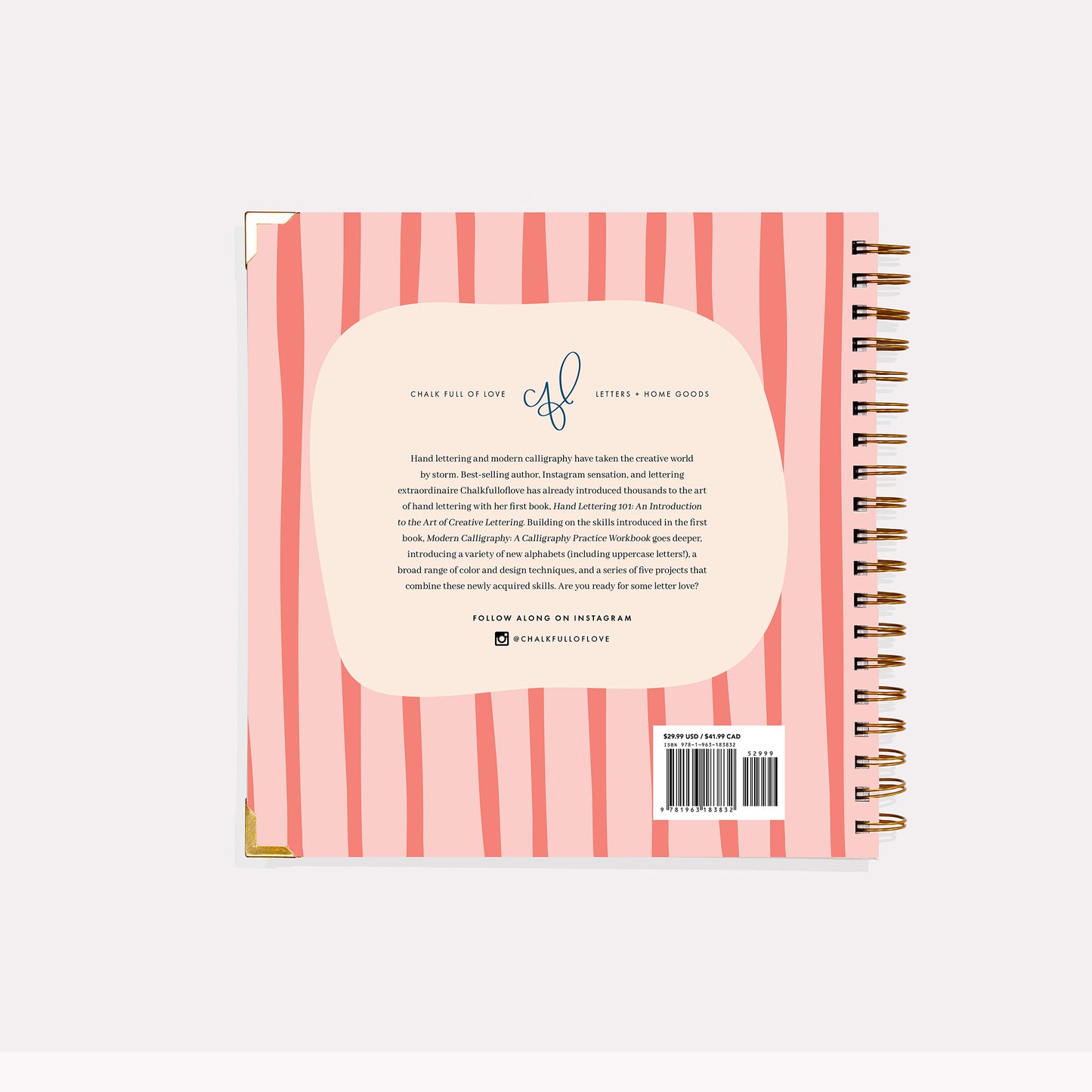 Back cover of a spiral-bound notebook with pink and white striped design and text.
