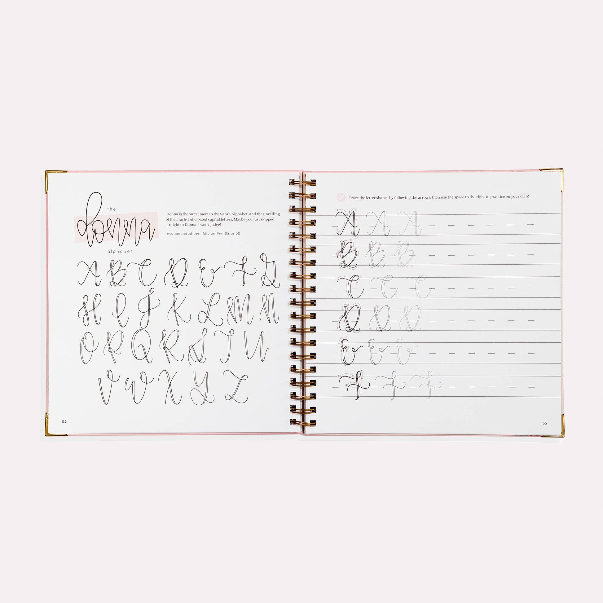 Open notebook with calligraphy practice pages on a white background