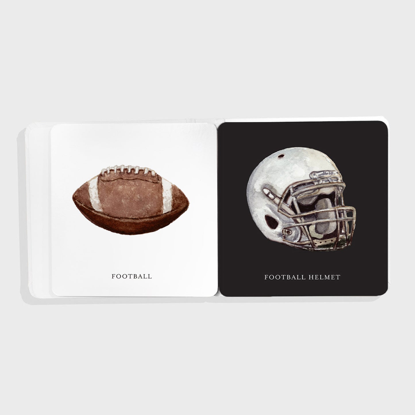 Illustrations of Baby's Tummy Time Sports book with a football and a football helmet on a white background