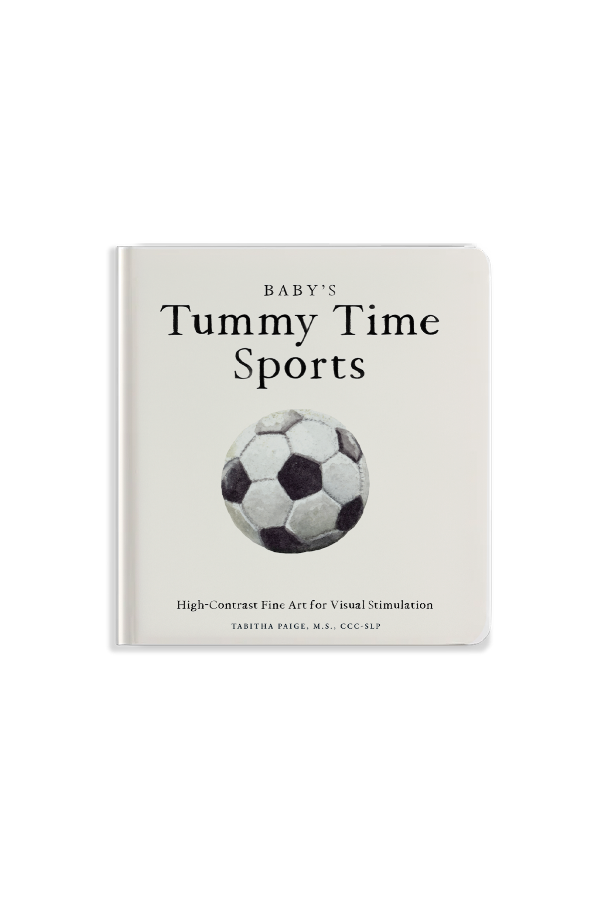 Book titled 'Baby's Tummy Time Sports' with a soccer ball illustration on a white background