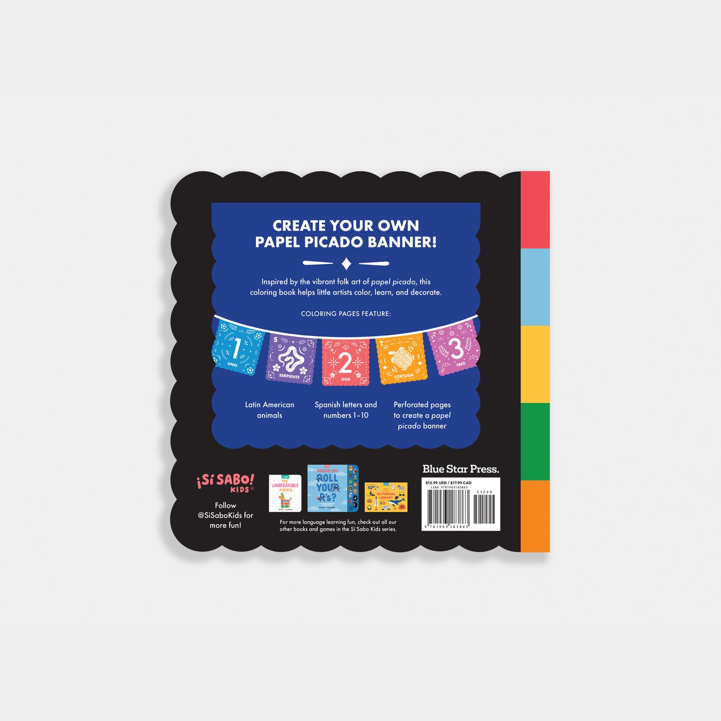 back cover is black and blue and shows a colorful papel picado banner with the words: "Create your own papel picado banner" .