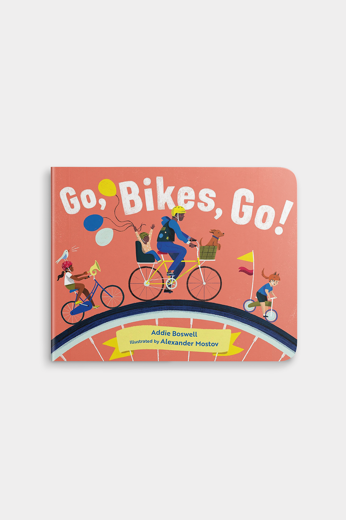 Children's book titled 'Go, Bikes, Go!' with illustrations of children on bicycles on a white background.