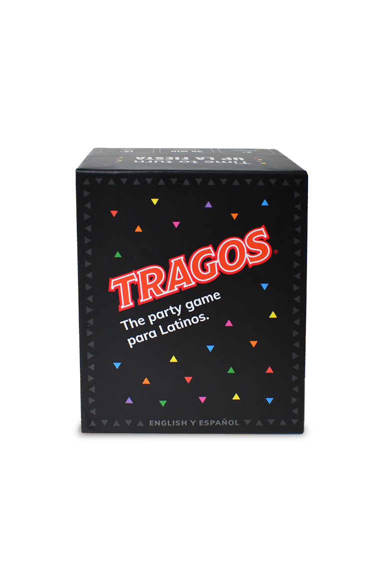 Box of 'TRAGOS' party game for Latinos with colorful triangle patterns on a black background.
