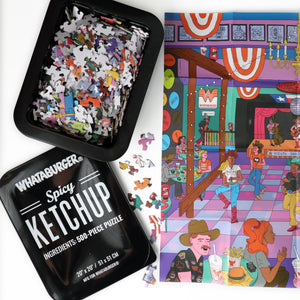 Jigsaw puzzle with Whataburger Spicy Ketchup packaging and a colorful illustration of a Whataburger restaurant.