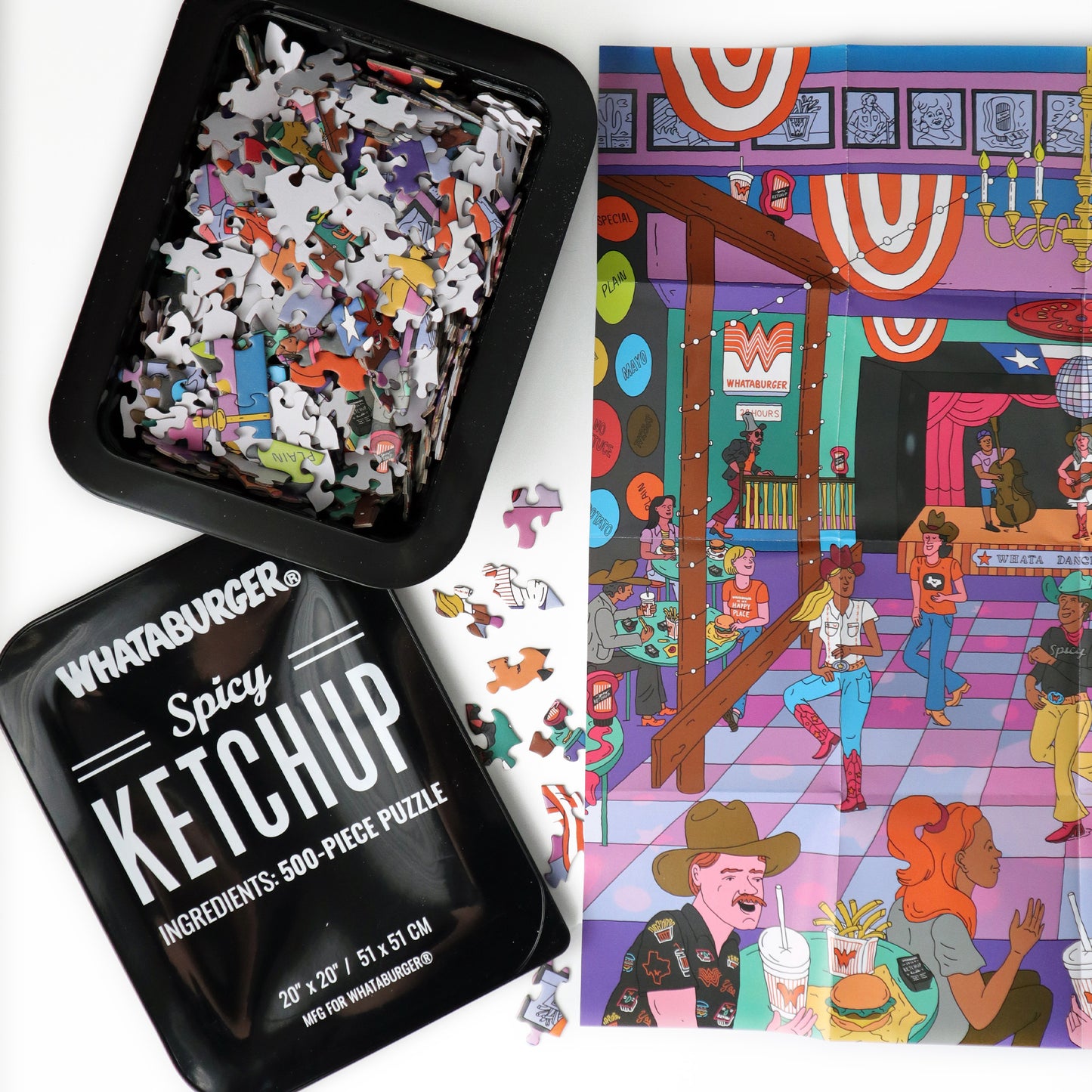 Jigsaw puzzle with Whataburger Spicy Ketchup packaging and a colorful illustration of a Whataburger restaurant.