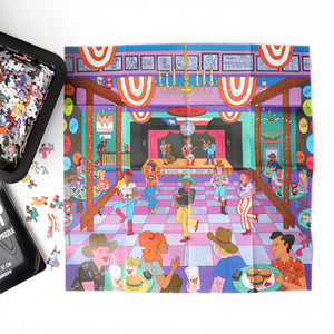 Colorful illustration of a lively dance floor scene with people and a jukebox, featuring a puzzle box on the left.