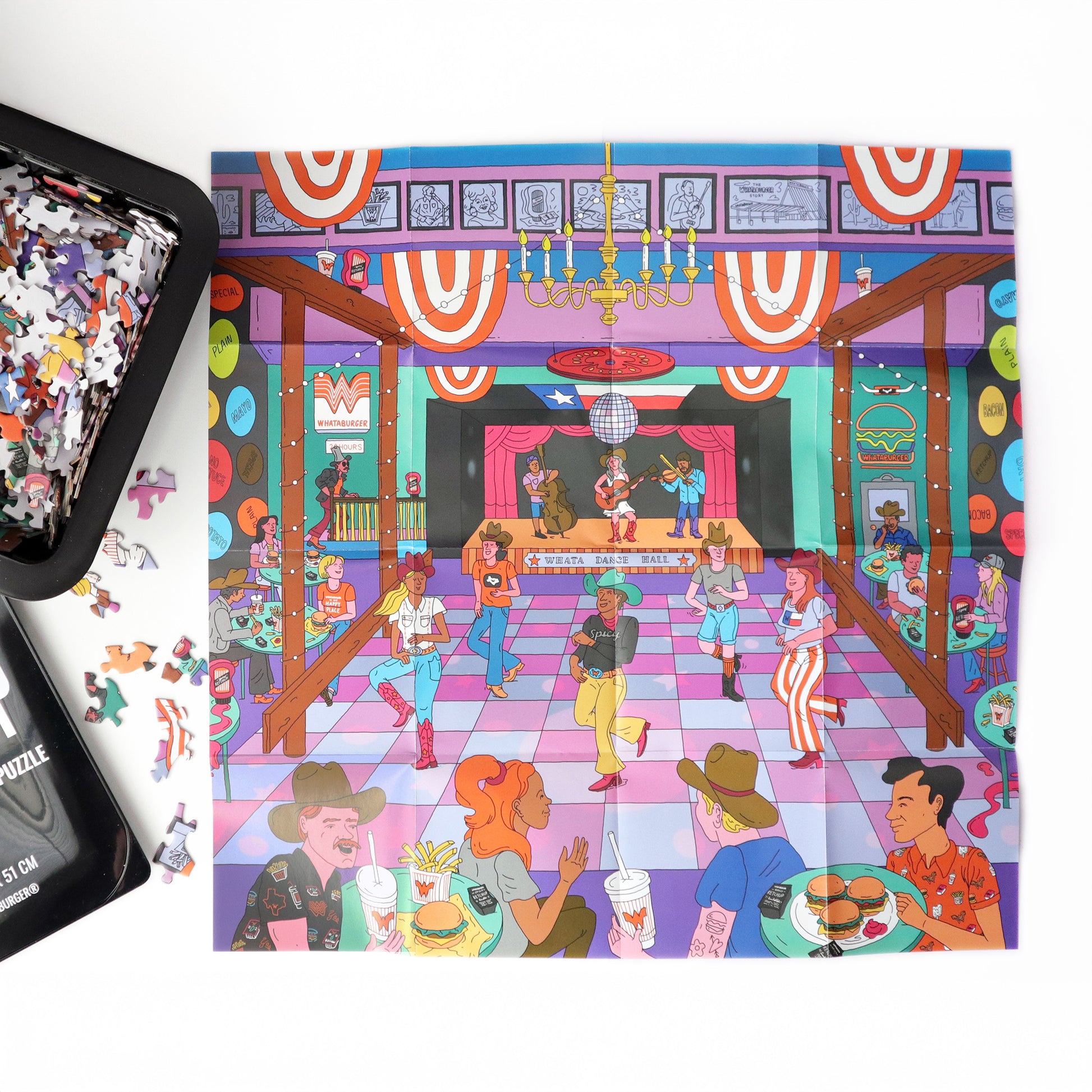 Colorful illustration of a lively dance floor scene with people and a jukebox, featuring a puzzle box on the left.