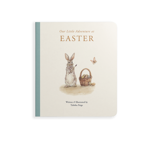 Book titled 'Our Little Adventure at Easter' with an illustration of a rabbit and basket on a white background