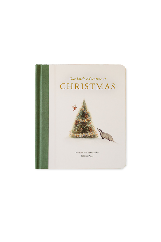 Book titled 'Our Little Adventures at Christmas' with a Christmas tree illustration on a white background