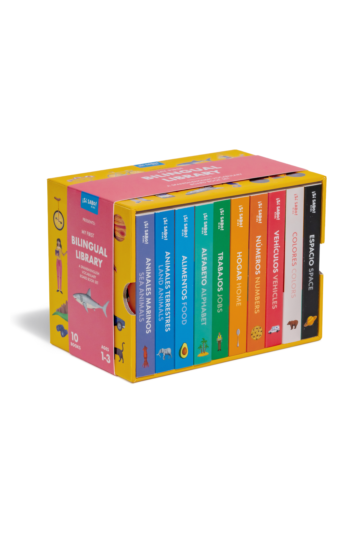 Box set of children's books with colorful covers on a white background