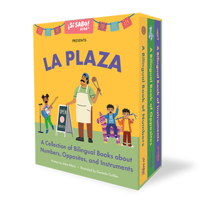 Box set cover of 'La Plaza' bilingual books for children on a white background