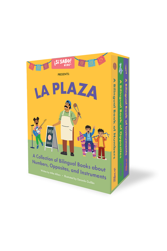 Box set cover of 'La Plaza' bilingual books for children on a white background