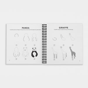 Interior pages of “How to Draw All the Animals for Kids” by Alli Koch, showing spiral bound step-by-step drawing guides for a panda and a giraffe with simple numbered illustrations and fun animal facts