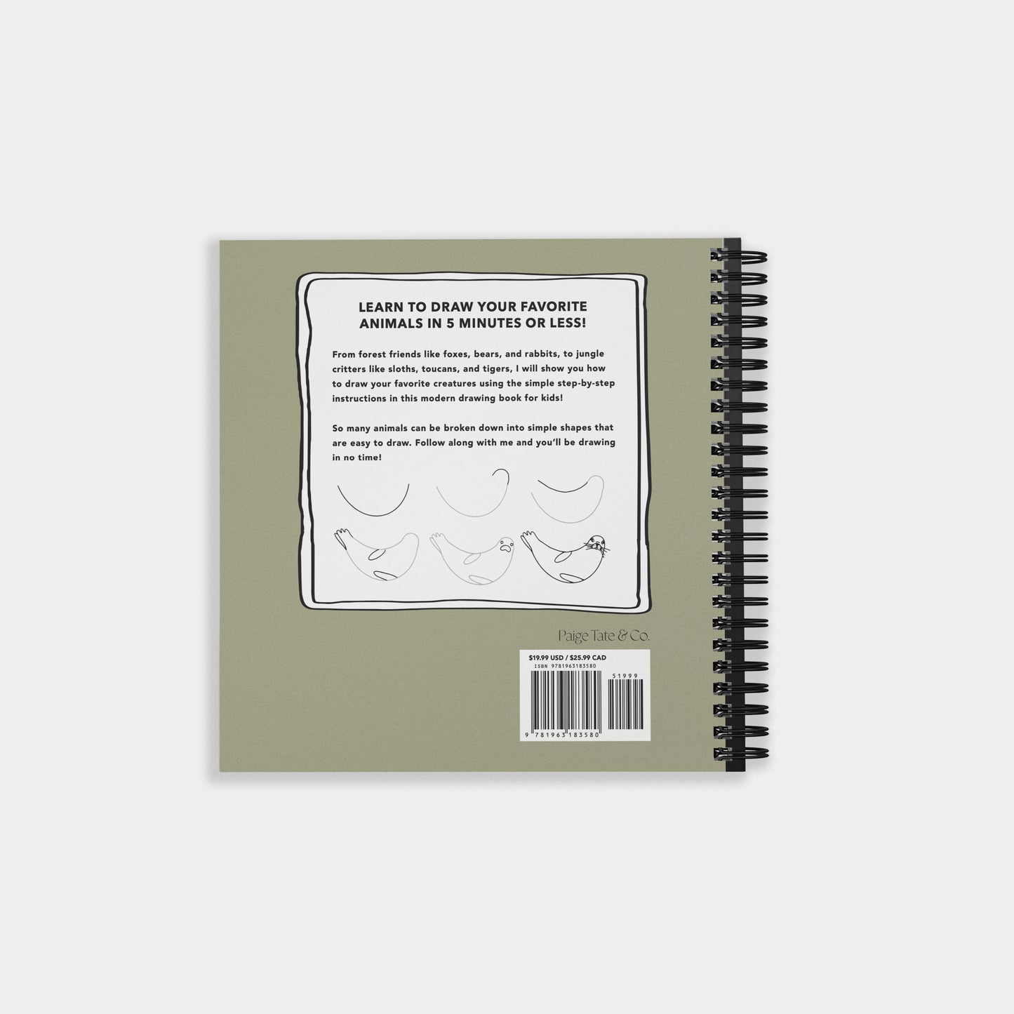 Back cover of “How to Draw All the Animals for Kids” by Alli Koch, featuring a description of the book’s 5-minute drawing lessons, sample sloth sketch steps, and a barcode on a green background with spiral binding