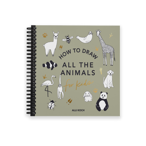 Book titled 'How to Draw All the Animals' with illustrations of various animals on a green background