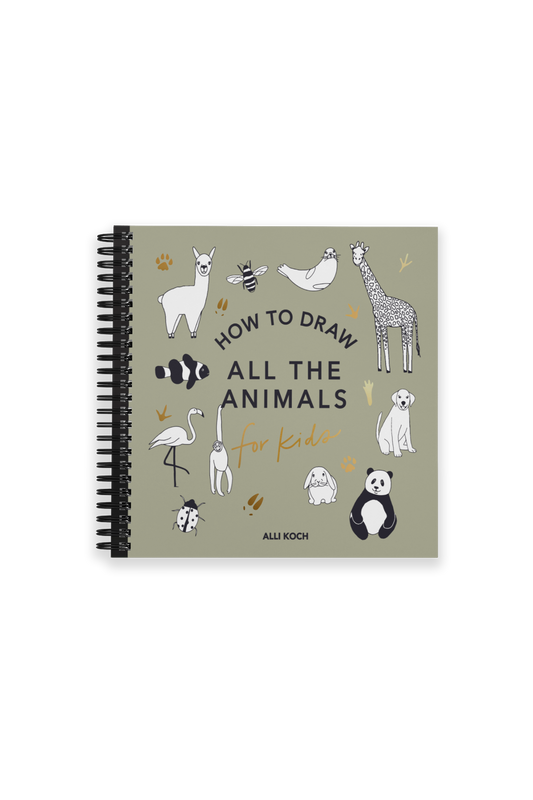 Book titled 'How to Draw All the Animals' with illustrations of various animals on a green background