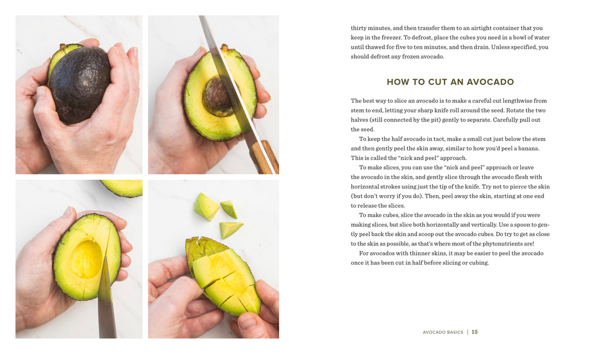 Step-by-step guide on how to cut an avocado with images and text.