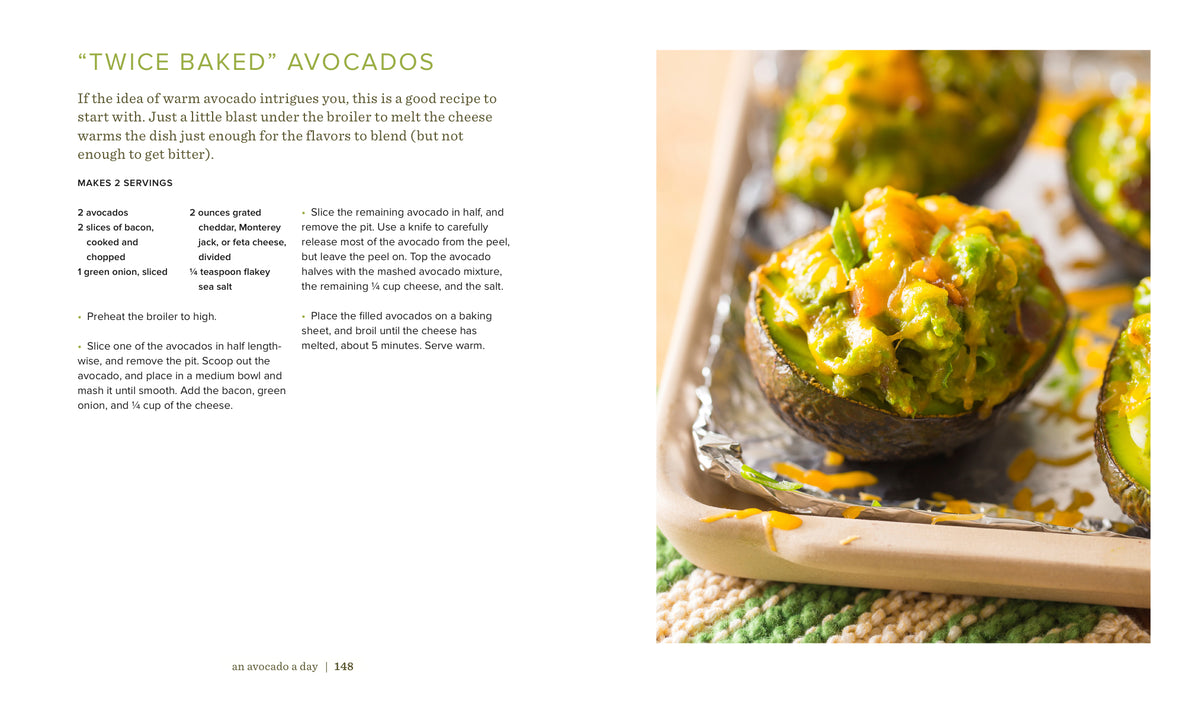 Avocados stuffed with a mixture on a wooden board, with text on the left side.