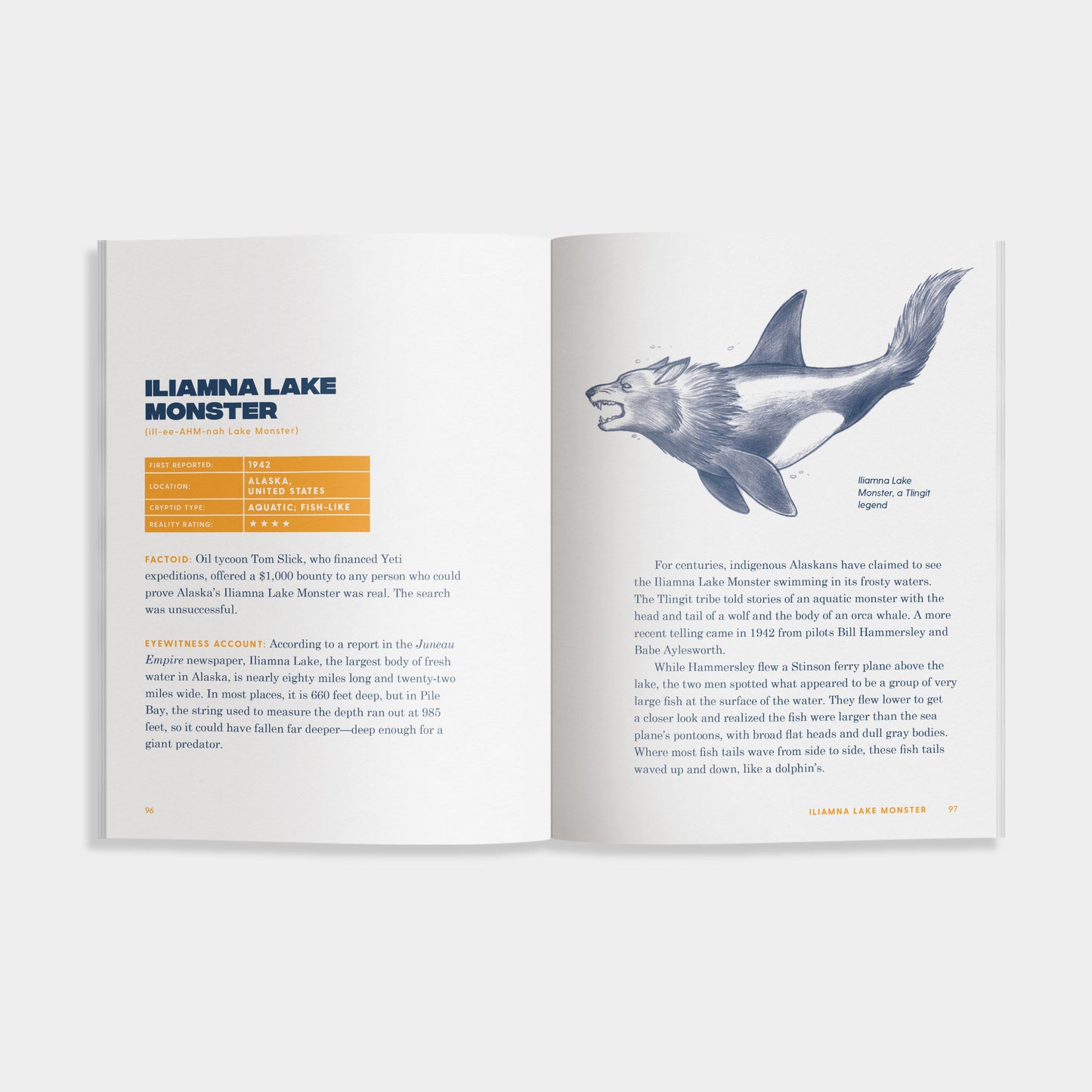Book open to a page about the Ilianna Lake Monster with text and illustration.