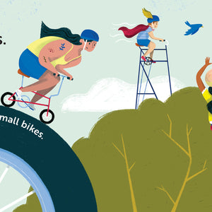 Children's book titled 'Go, Bikes, Go!' with the Illustration of people on bicycles with labeled bike sizes in a cartoon style.