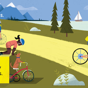 Cartoon illustration of Children's book titled 'Go, Bikes, Go!' with people riding bicycles with a gift box labeled 'New bikes' and 'Old bikes'.