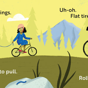 Children's book titled 'Go, Bikes, Go!' with an Illustration of people using different types of bikes in a natural setting with text labels.
