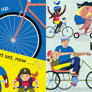 Children's book titled 'Go, Bikes, Go!' with illustrations of children riding bikes and text about bike safety.