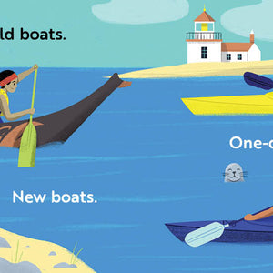 Children's book titled 'Go, Boats, Go!' with Illustration of people rowing boats with text labels 'Old boats.', 'One-or-two boats.