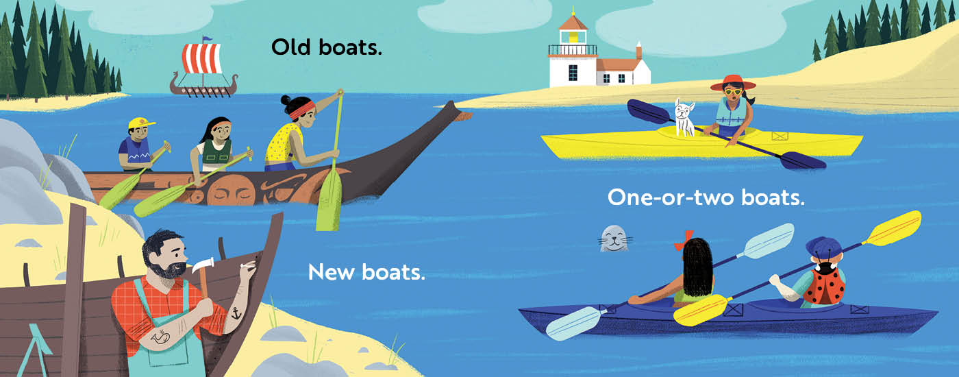 Children's book titled 'Go, Boats, Go!' with Illustration of people rowing boats with text labels 'Old boats.', 'One-or-two boats.