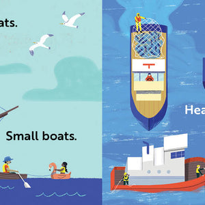 Children's book titled 'Go, Boats, Go!' with Illustrations of different types of boats with labels on a blue background