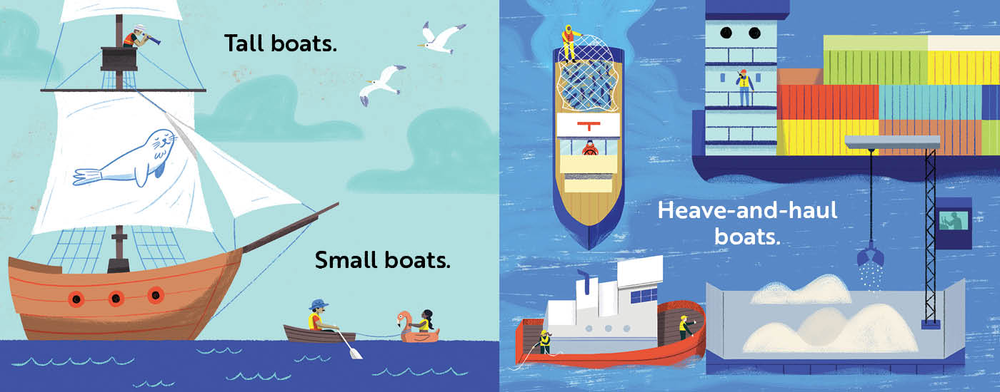 Children's book titled 'Go, Boats, Go!' with Illustrations of different types of boats with labels on a blue background