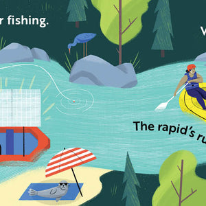 Children's book titled 'Go, Boats, Go!' with Illustration of boats on a river with various activities depicted.