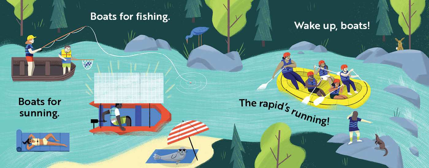 Children's book titled 'Go, Boats, Go!' with Illustration of boats on a river with various activities depicted.