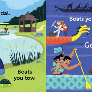 Children's book titled 'Go, Boats, Go!' with Illustrated book page about different types of boats with colorful illustrations and text.