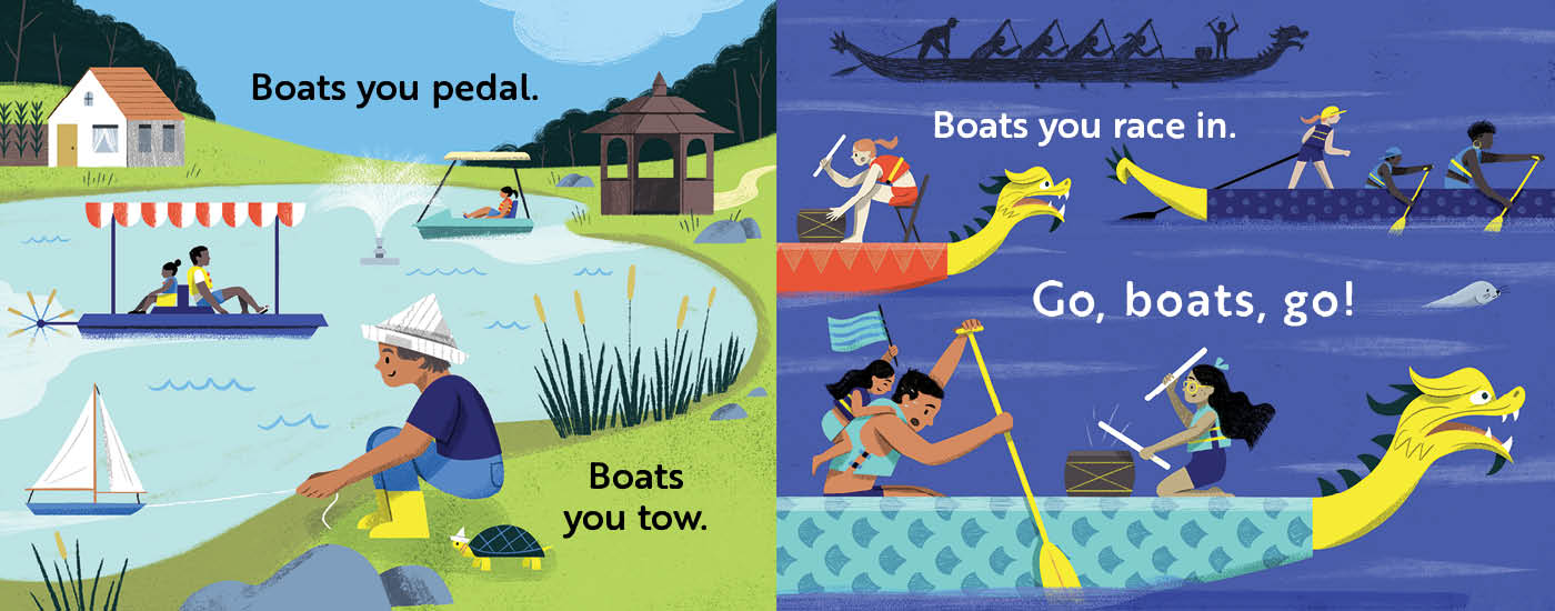Children's book titled 'Go, Boats, Go!' with Illustrated book page about different types of boats with colorful illustrations and text.