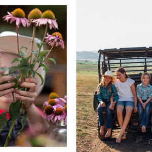 Five Marys Ranch Raised' inside view of Two images: one of hands holding flowers and another of a family sitting on a vehicle in a field.