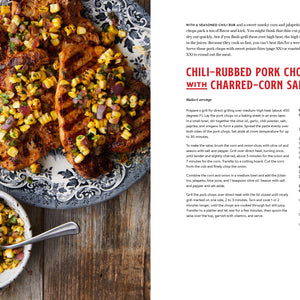 Five Marys Ranch Raised' with a Recipe for chili-rubbed pork chops with charred-corn salsa on a wooden table.