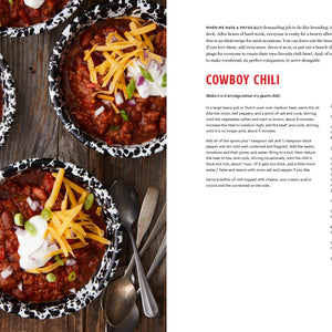 Five Marys Ranch Raised' with a recipe for Cowboy chili in bowls with a recipe on the right side
