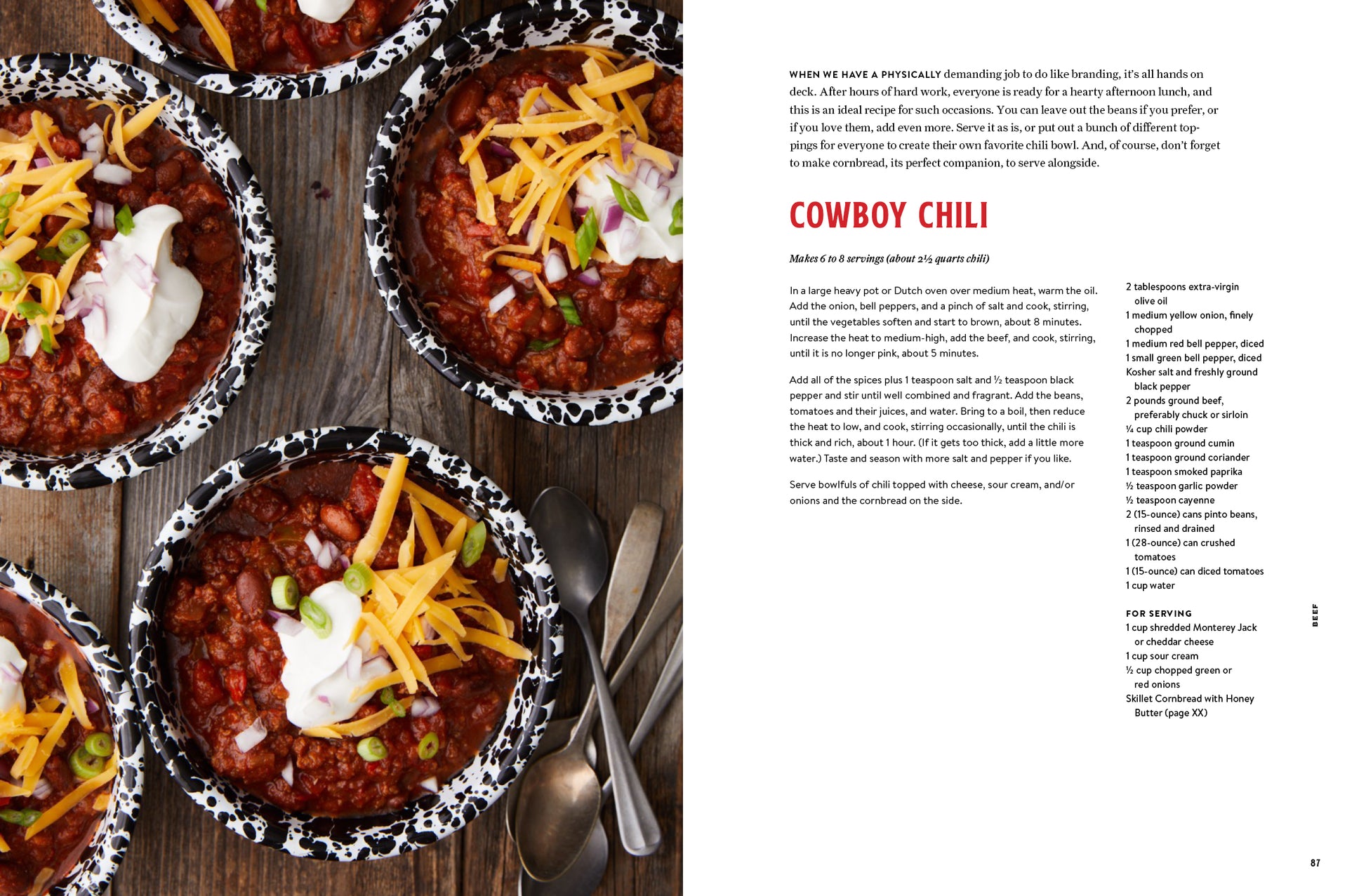 Five Marys Ranch Raised' with a recipe for Cowboy chili in bowls with a recipe on the right side
