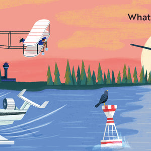 Children's book titled 'Go, Planes, Go!' with Cartoon illustration of old and new airplanes over a lake with trees and houses in the background.
