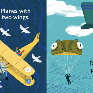 Children's book titled 'Go, Planes, Go!'  with Illustrations of airplanes with text explaining different types of planes.