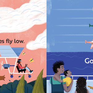 Children's book titled 'Go, Planes, Go!'  with Illustrated book page with planes flying high, low, and together.