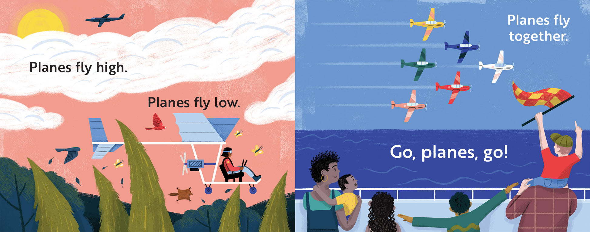 Children's book titled 'Go, Planes, Go!'  with Illustrated book page with planes flying high, low, and together.