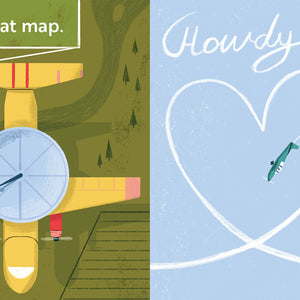 Children's book titled 'Go, Planes, Go!' with Illustrations of airplanes with text describing their functions on a green and blue background.