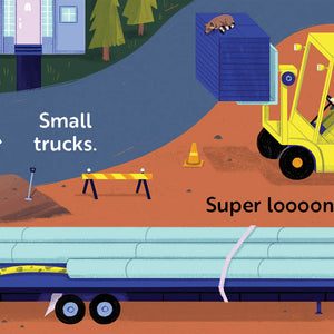 Children's book titled 'Go, Trucks, Go!' with Illustration of different types of trucks with labels on a colorful background