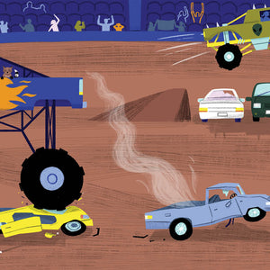 Children's book titled 'Go, Trucks, Go!' with an Illustration of a toy truck race track with various trucks and text labels.