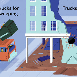 Children's book titled 'Go, Trucks, Go!' with an Illustration of different types of trucks with labels and action verbs.
