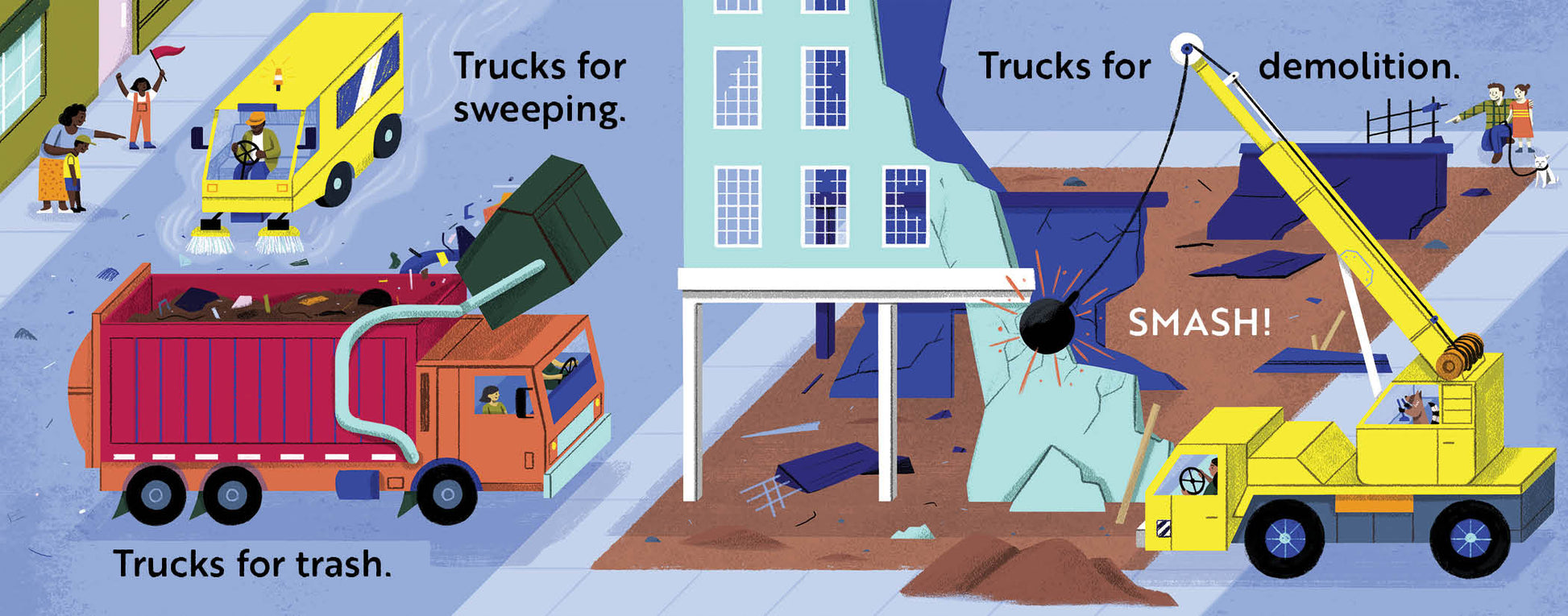 Children's book titled 'Go, Trucks, Go!' with an Illustration of different types of trucks with labels and action verbs.