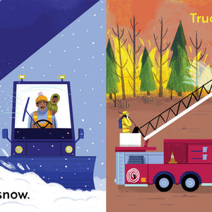Children's book titled 'Go, Trucks, Go!' with Illustrations of trucks performing different tasks with text descriptions on a blue and orange background.